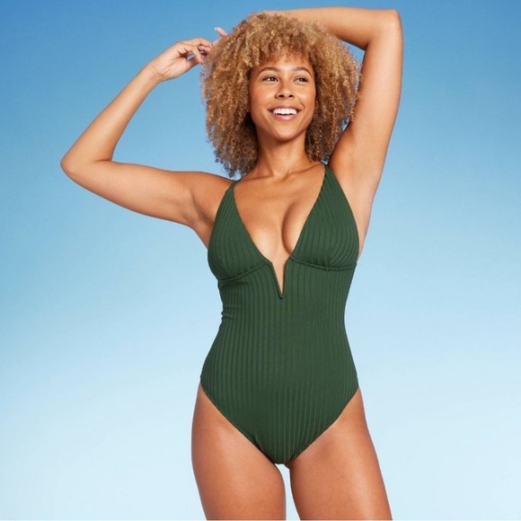 Shade & Shore Ribbed Plunge Front V-Wire One Piece Swimsuit - Picture 1 of 15
